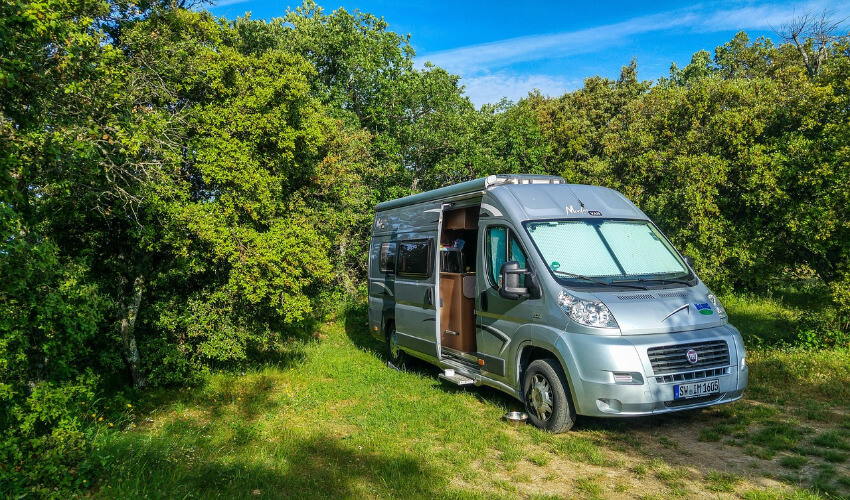 Ein Camper steht auf einem Stellplatz, umgeben von Sträuchern, die als Sichtschutz dienen.