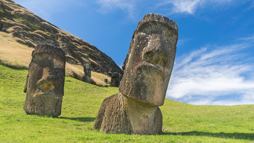Zwei Moai Steinfiguren in einer grünen Wiese.