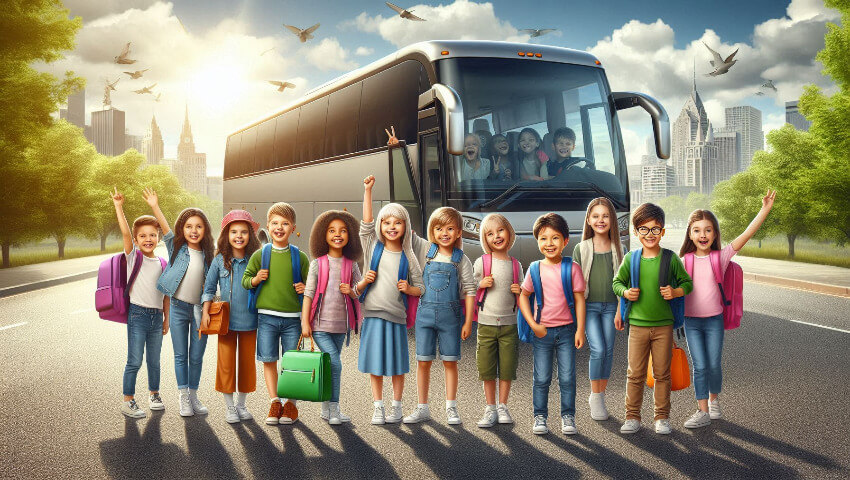Kinder stehen aufgeregt vor einem Reisebus, um auf eine Klassenfahrt aufzubrechen.